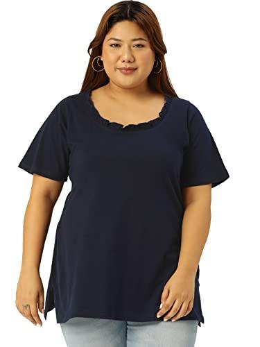 therebelinme plus size women's navy blue solid color cotton frill detail t-shirt(xxxxxl)