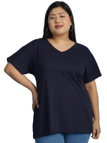 therebelinme plus size women's navy blue solid color v-neck cotton knitted t-shirt-(xxl)