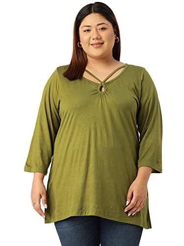 therebelinme plus size women's olive green solid color keyhole neck longline top(xxxxxl)