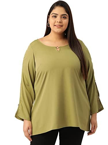 therebelinme plus size women's olive green solid color keyhole neck top(6xl)