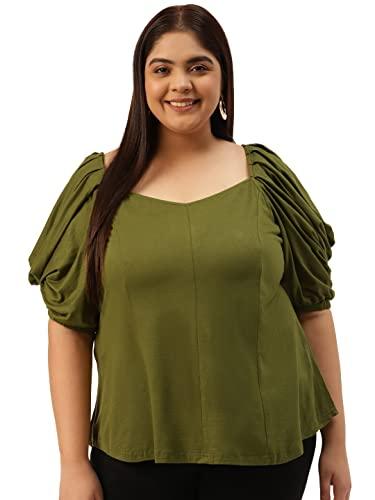 therebelinme plus size women's olive green solid color knitted panelled top(xxxxxl)