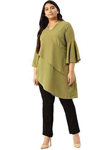 therebelinme plus size women's olive green solid color layered longline top(xxxl)