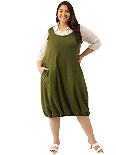 therebelinme plus size women's olive green solid color shirt collar balloon dress(xxxxxxl)