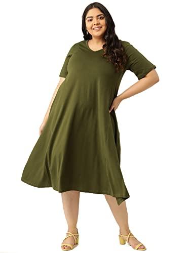 therebelinme plus size women's olive green solid color v-neck cotton a-line dress(xxxxxxl)