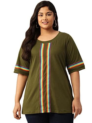 therebelinme plus size women's olive solid color with striped detail cotton t-shirt(xxxl)