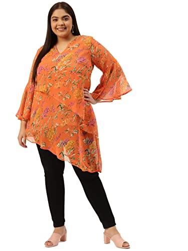 therebelinme plus size women's orange & green floral print longline asymmetric georgette top(xxxxl)