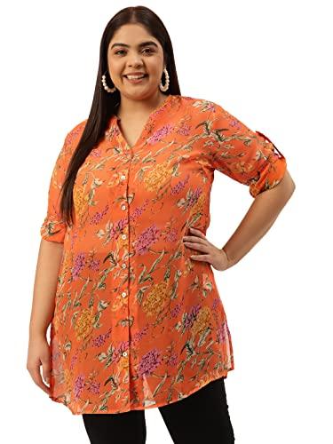 therebelinme plus size women's orange & green floral printed longline shirt(xxxxxxl)