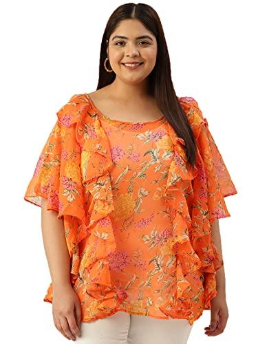 therebelinme plus size women's orange floral printed ruffled detail top(xxxxxl)