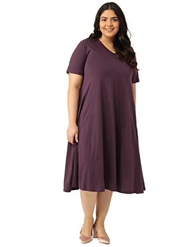 therebelinme plus size women's purple solid color v-neck cotton a-line dress(xxxxxxl)