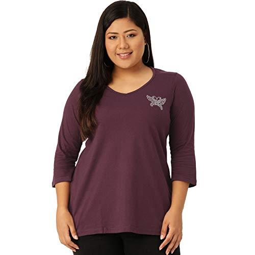 therebelinme plus size women's purple solid color v-neck embellished detail cotton t-shirt(xxxxl)