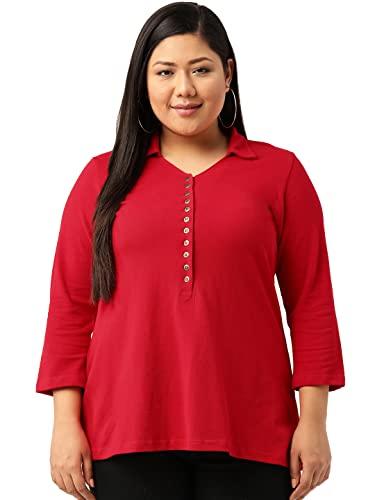 therebelinme plus size women's red solid color cotton knitted a-line collar t-shirt(xl)