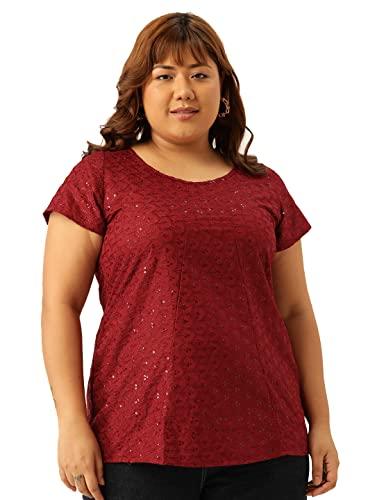 therebelinme plus size women's red solid color embroidered top(xxxl)