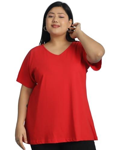 therebelinme plus size women's red solid color v-neck cotton knitted t-shirt-(xxxxxxl)