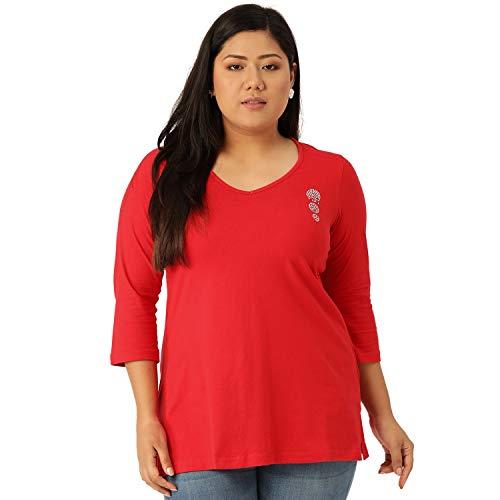 therebelinme plus size women's red solid color v-neck embellished detail cotton t-shirt(xxxxl)