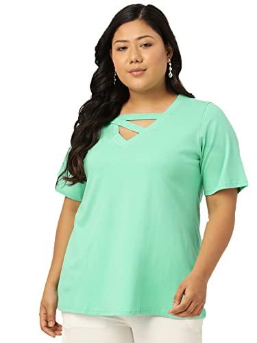 therebelinme plus size women's sea green solid color embellished detail knitted t-shirt(xxxxxxl)