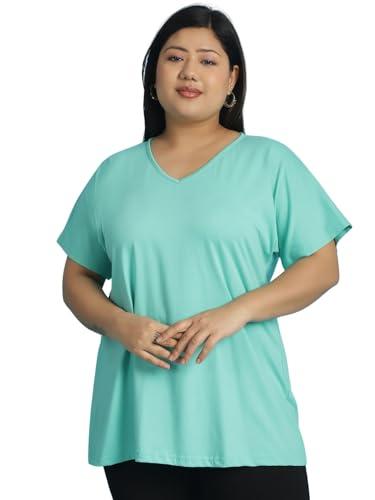 therebelinme plus size women's sea green solid color v-neck cotton knitted t-shirt-(xxxxxl)