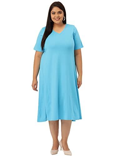 therebelinme plus size women's turquoise blue solid color v-neck cotton a-line dress(xxxxxl)