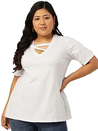 therebelinme plus size women's white solid color embellished detail knitted t-shirt(xxxl)