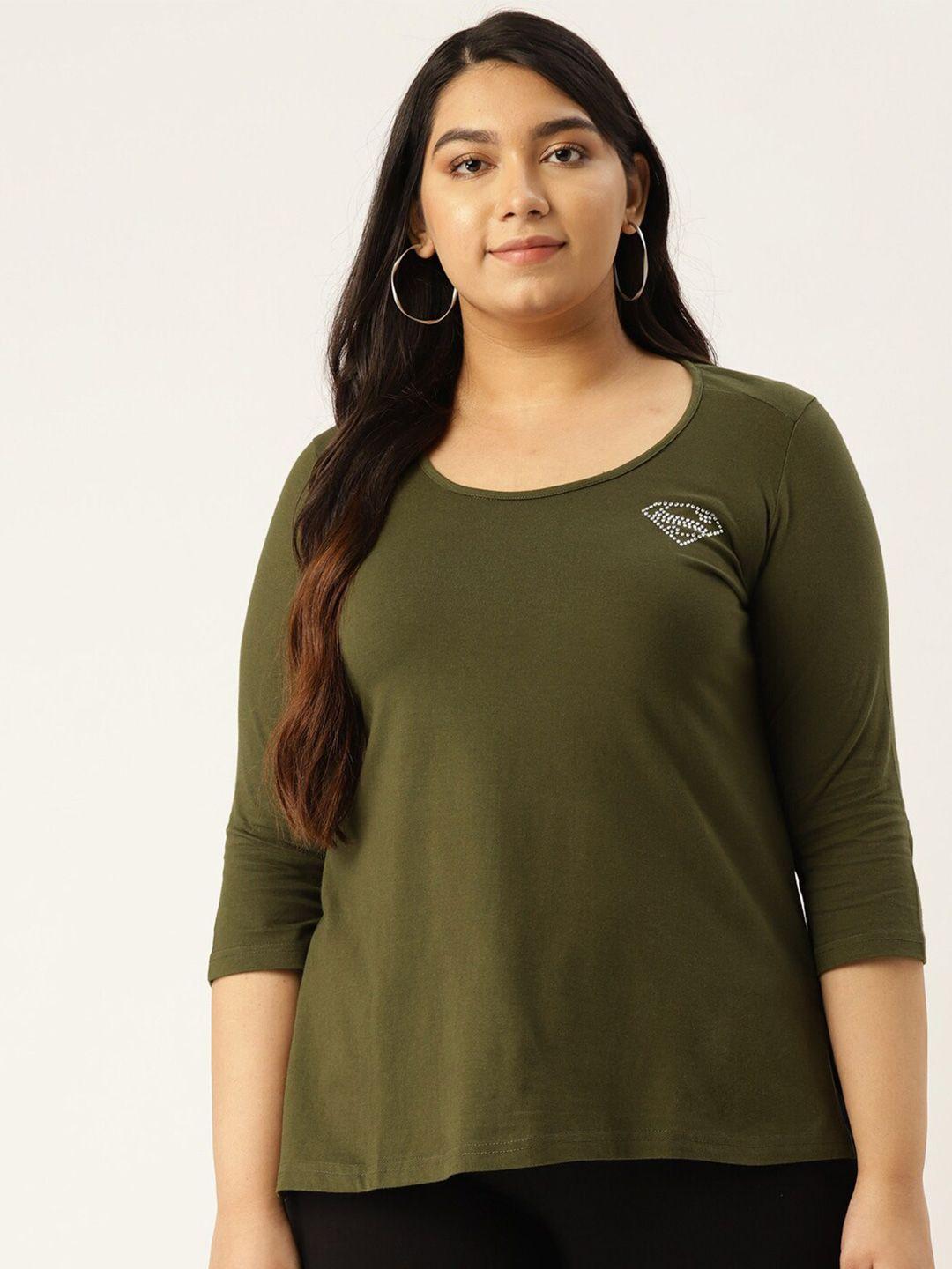 therebelinme plus size women olive green cotton t-shirt