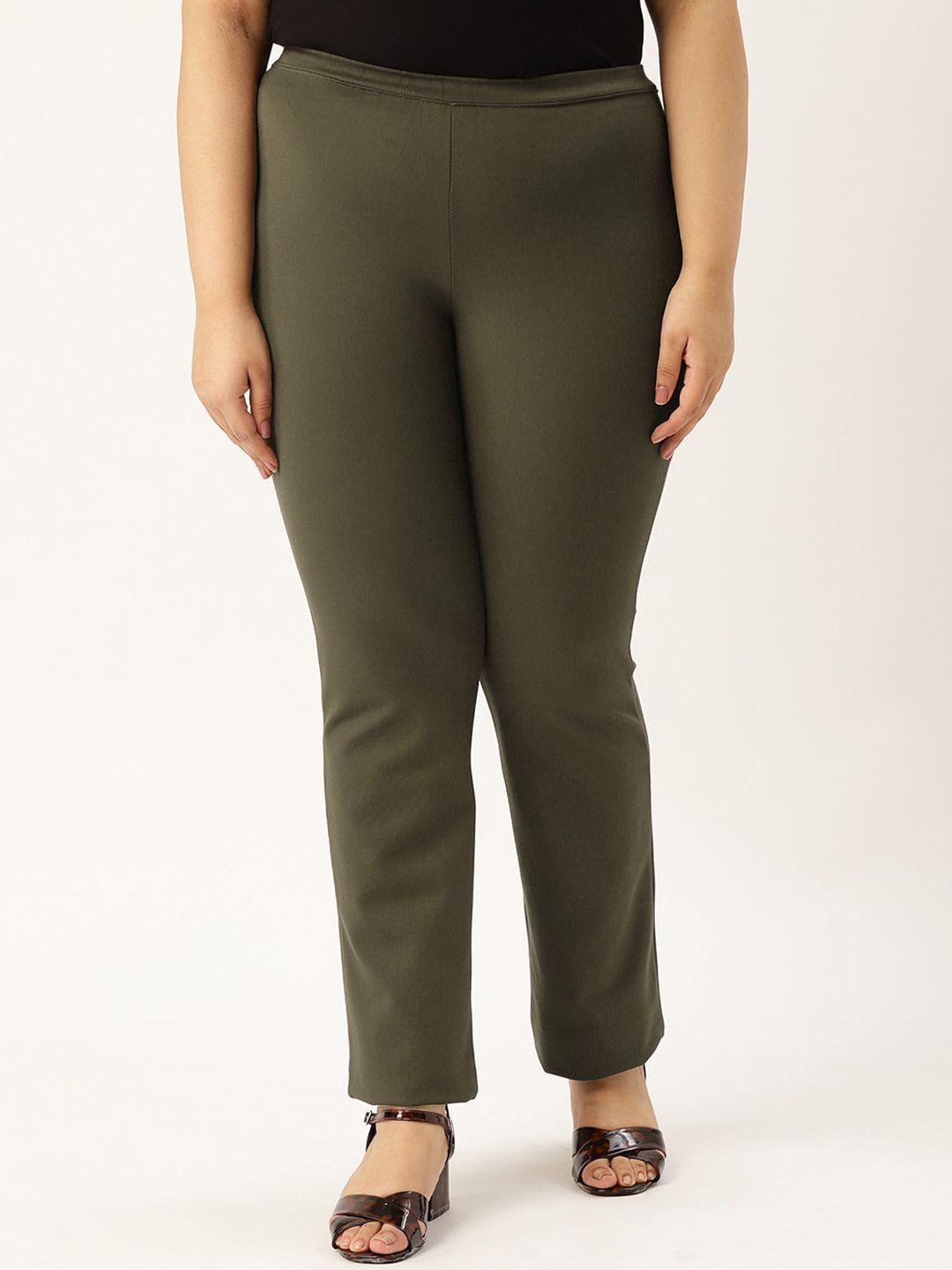 therebelinme plus size women olive green solid high-rise trousers