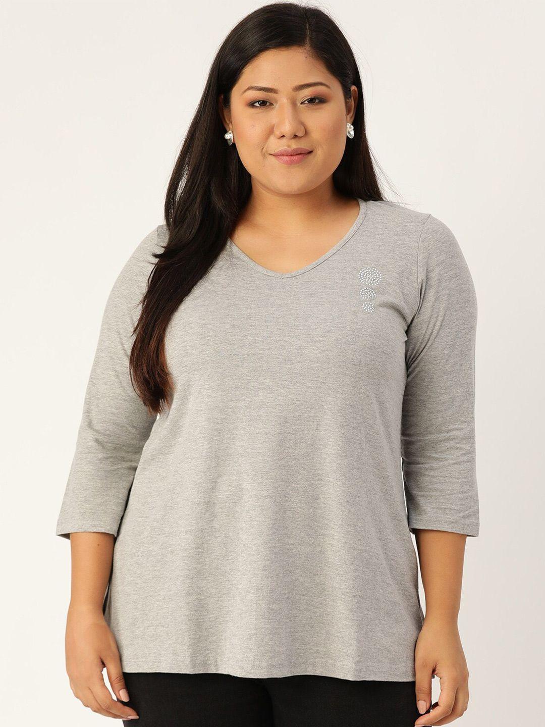 therebelinme plus women grey embellished v-neck t-shirt