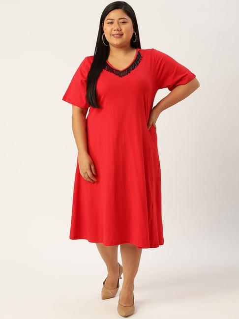 therebelinme red cotton embellished midi dress