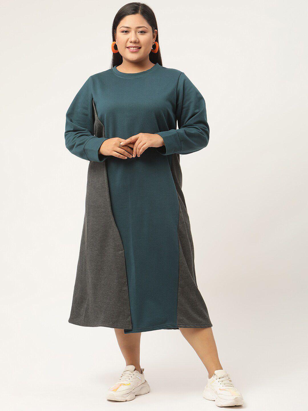 therebelinme teal & grey plus size colourblocked a-line midi dress