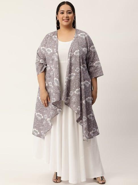therebelinme white & grey cotton floral print maxi dress with shrug