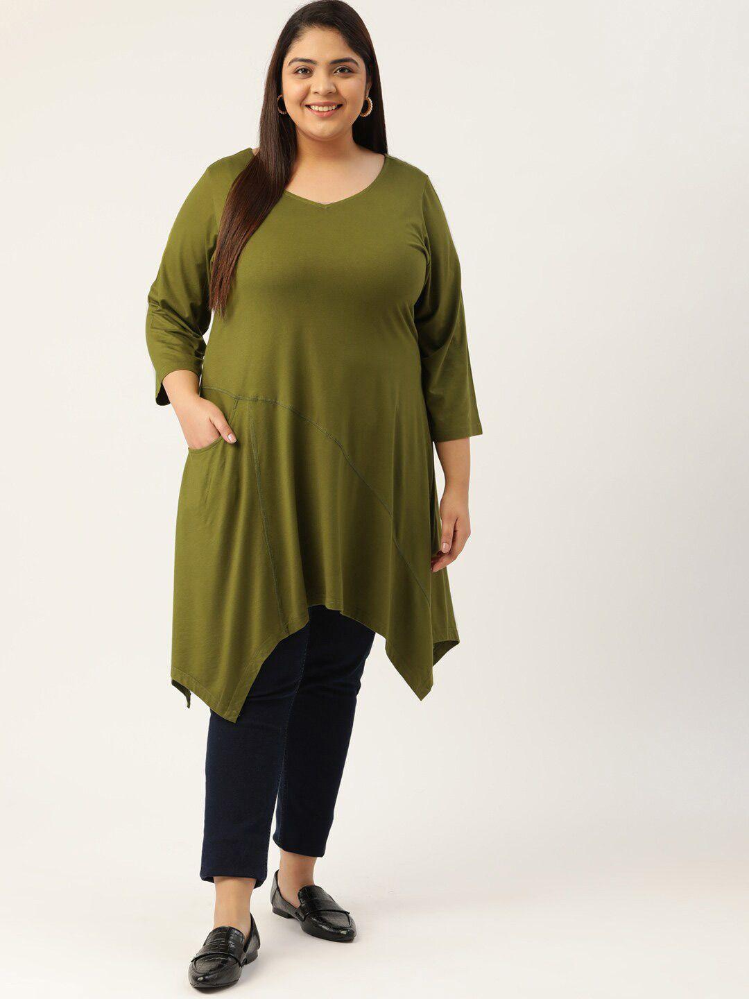 therebelinme women's plus size olive green asymmetric hem longline top