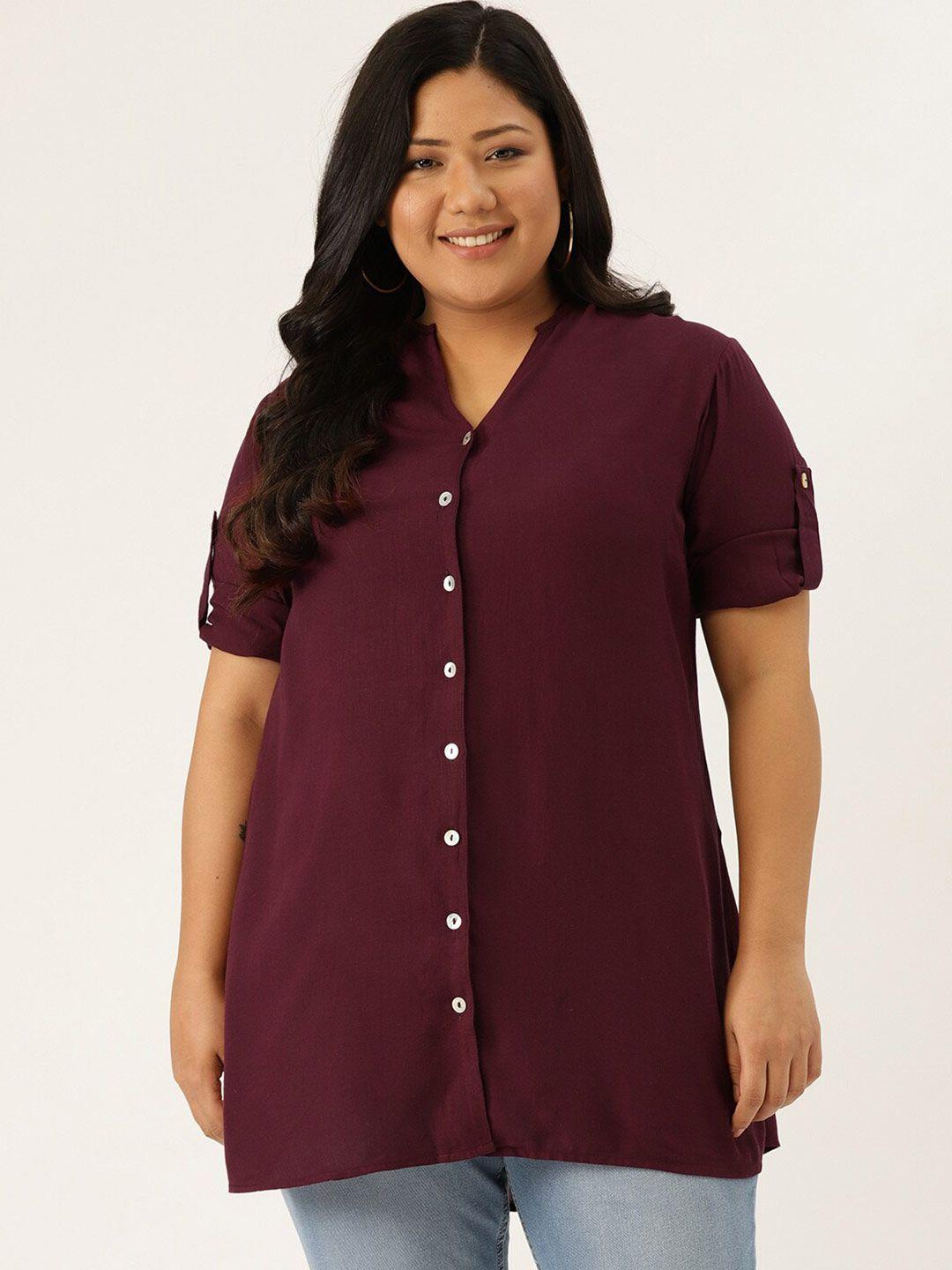 therebelinme women  burgundy roll-up sleeves top