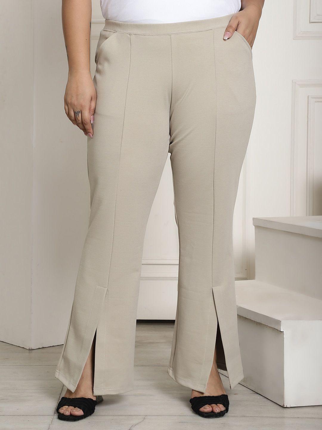 therebelinme women khaki relaxed straight fit high-rise easy wash pleated trousers
