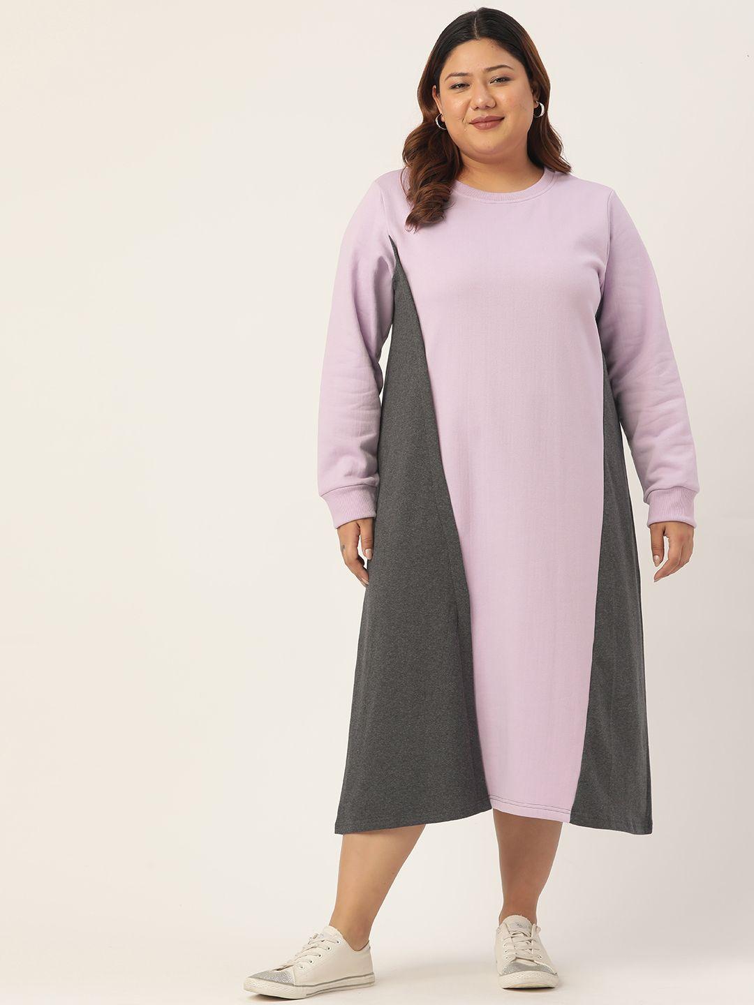 therebelinme women lavender & charcoal colourblocked jumper midi dress