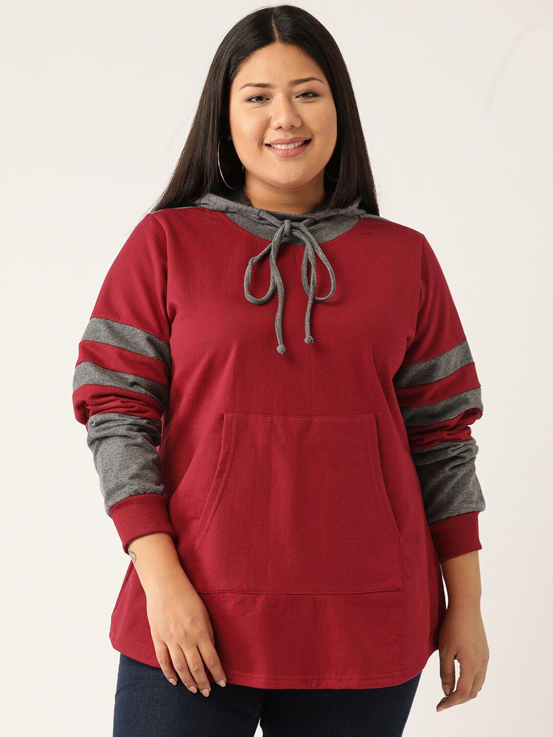 therebelinme women maroon & grey colourblocked hooded sweatshirt