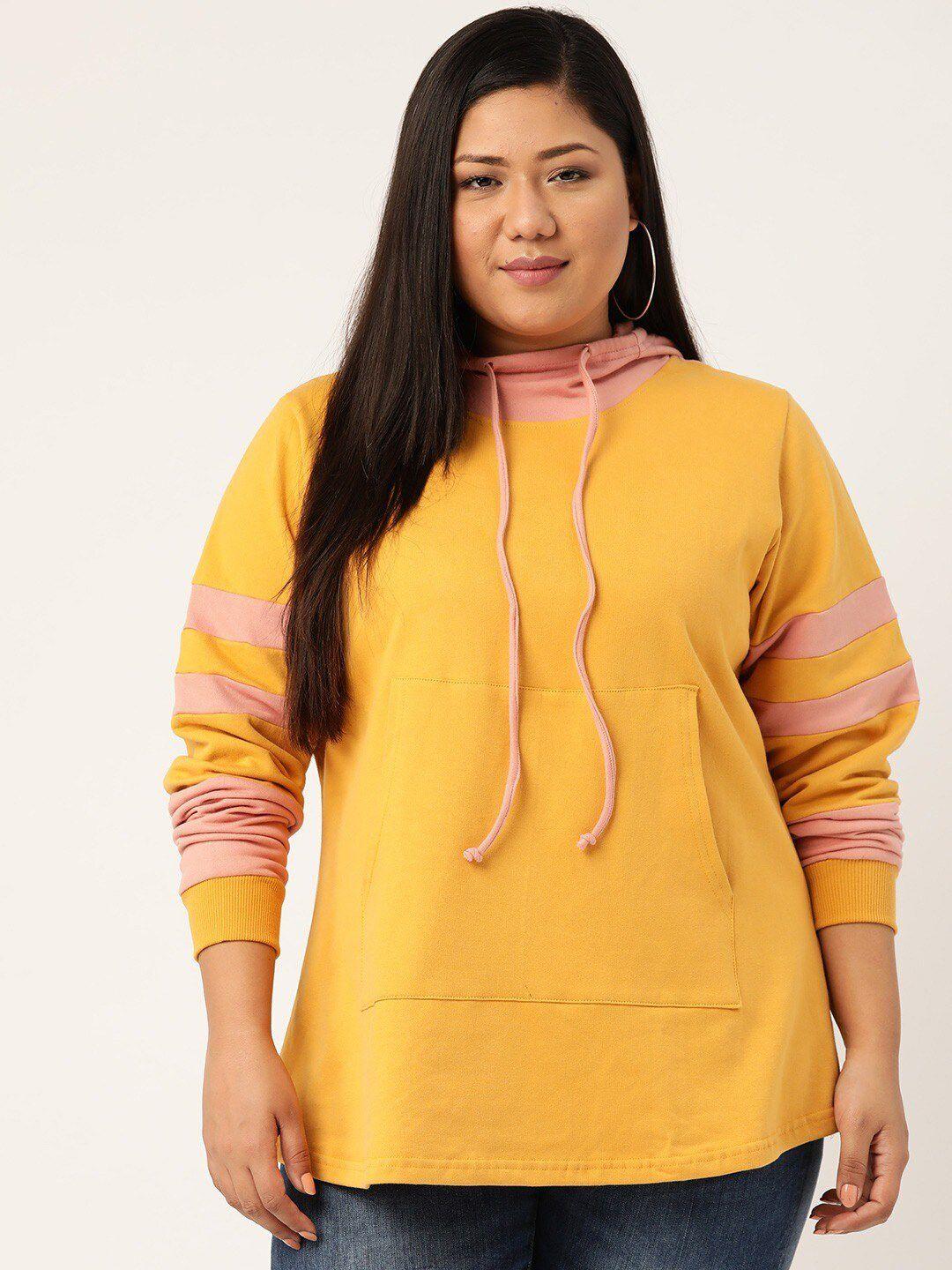 therebelinme women mustard & pink colourblocked hooded sweatshirt