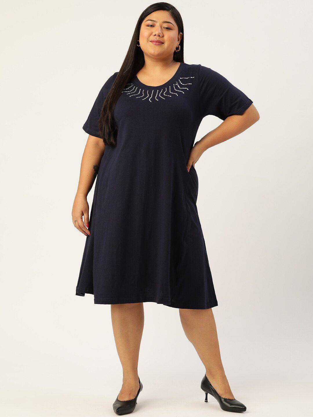 therebelinme women navy blue a-line plus size dress