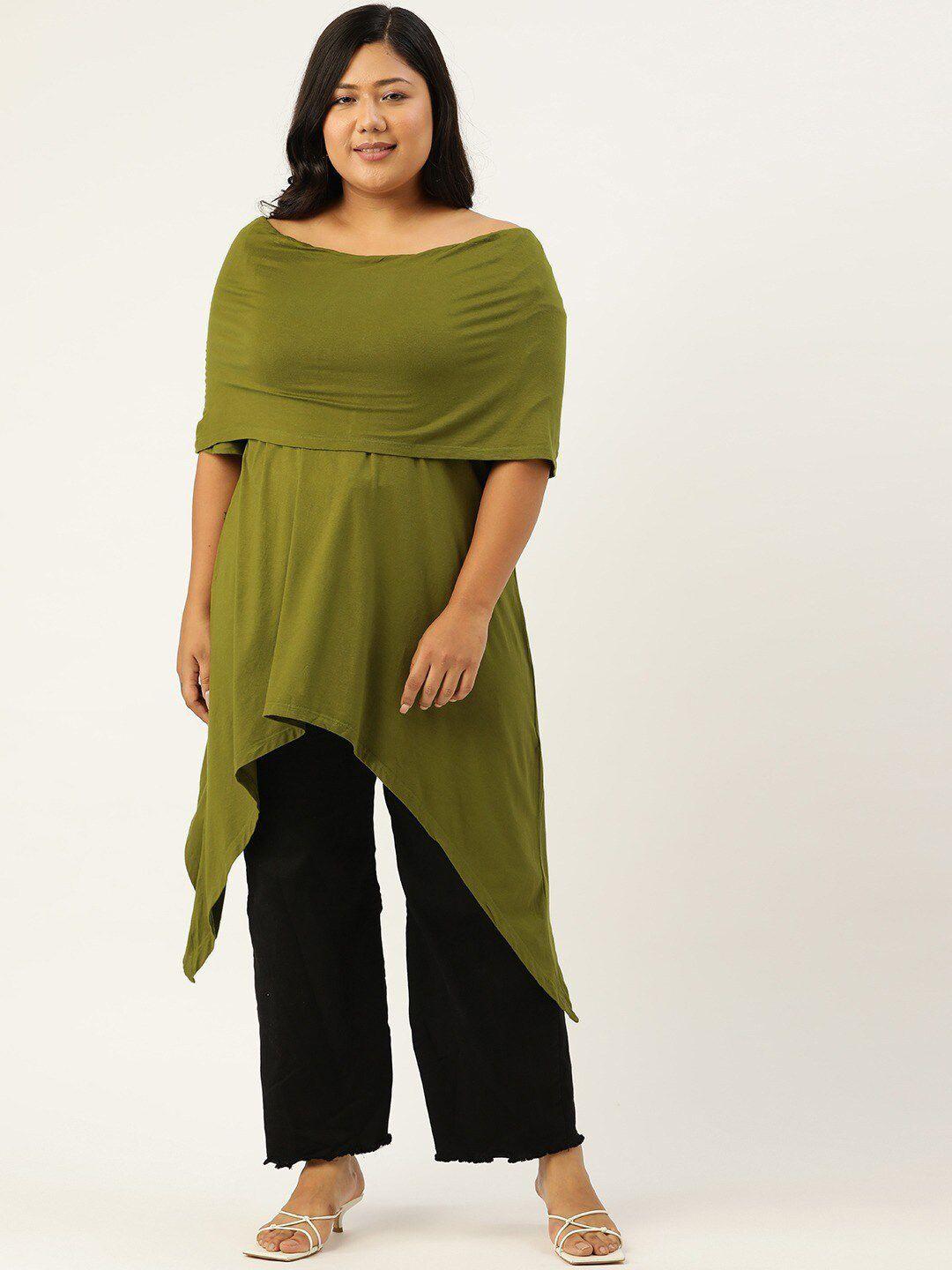 therebelinme women olive green off-shoulder high-low longline top