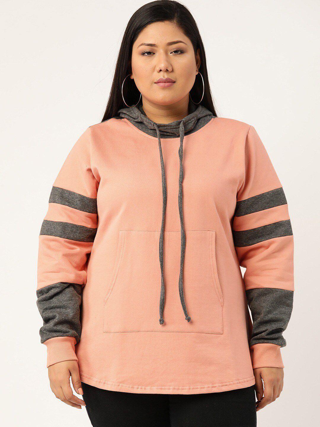 therebelinme women pink & grey colourblocked hooded sweatshirt