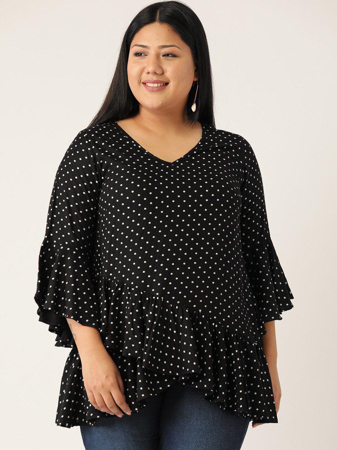 therebelinme women plus size black & white polka dot printed ruffles top
