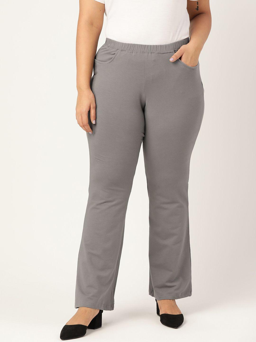 therebelinme women plus size grey solid straight fit high-rise trousers