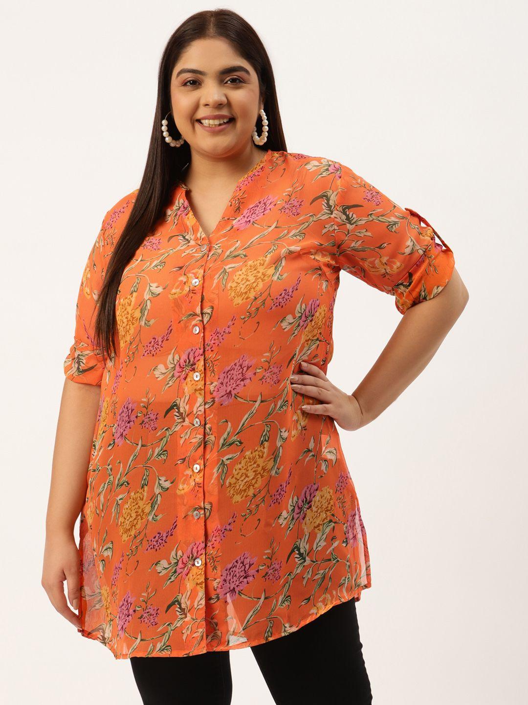 therebelinme women plus size orange & green floral printed semi sheer casual shirt