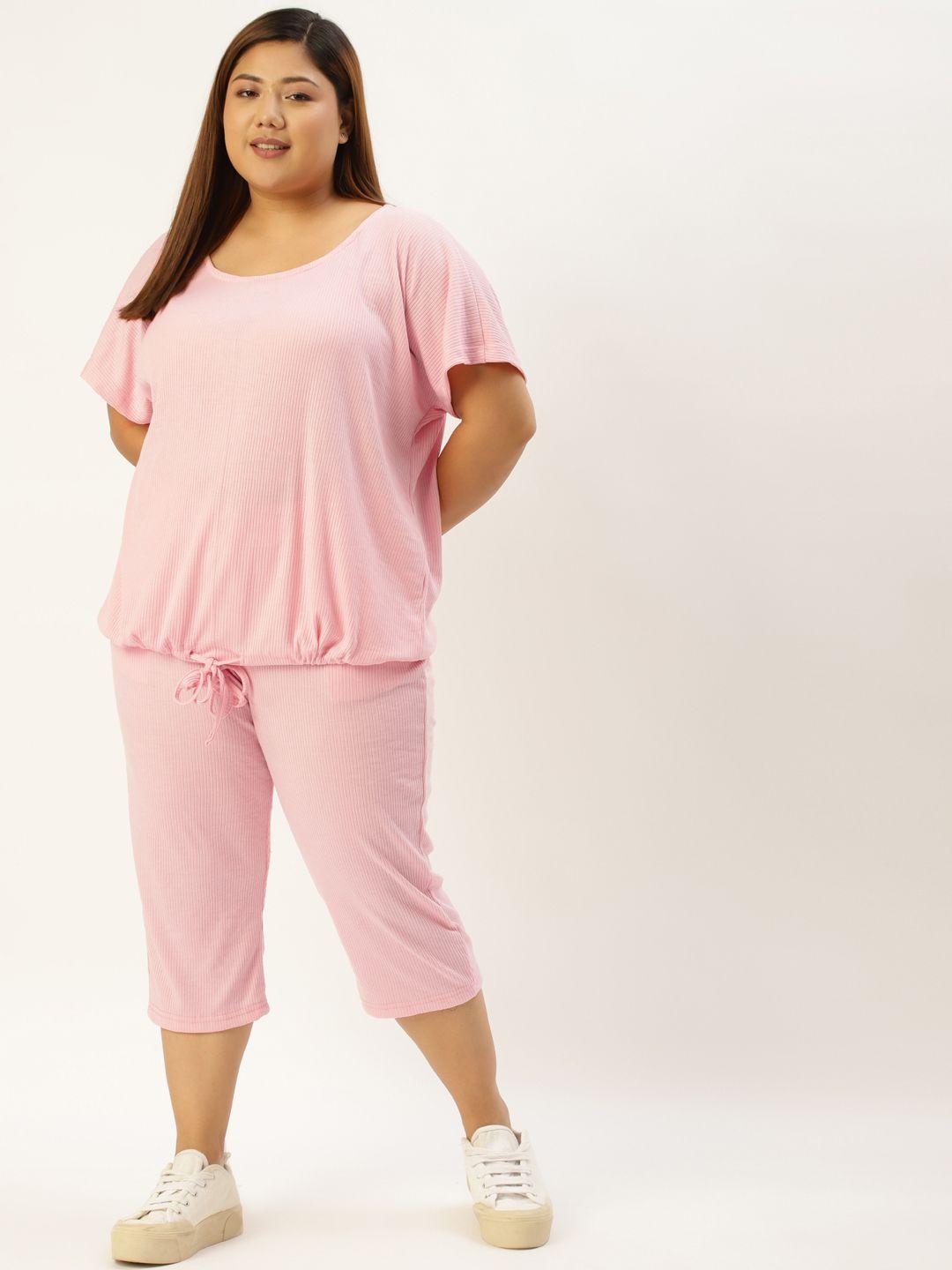 therebelinme women plus size pink ribbed top & capri set