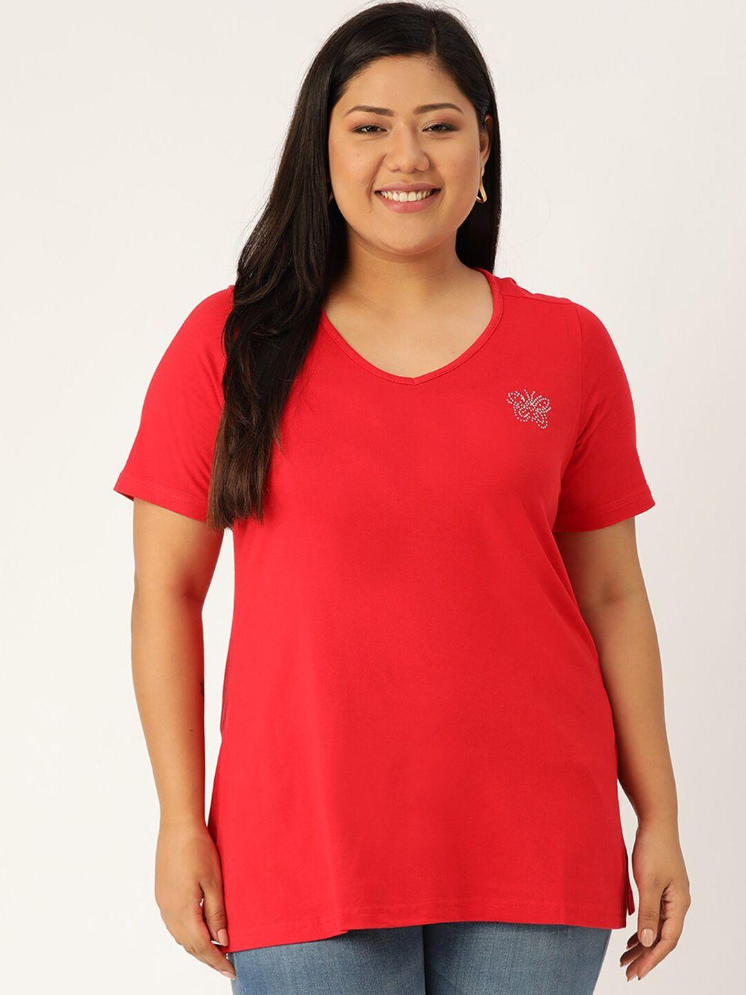 therebelinme women plus size red solid  v-neck t-shirt