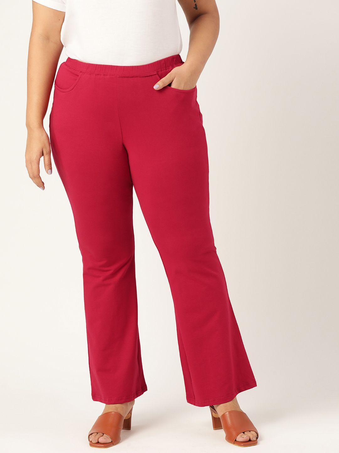 therebelinme women plus size red solid straight fit trousers