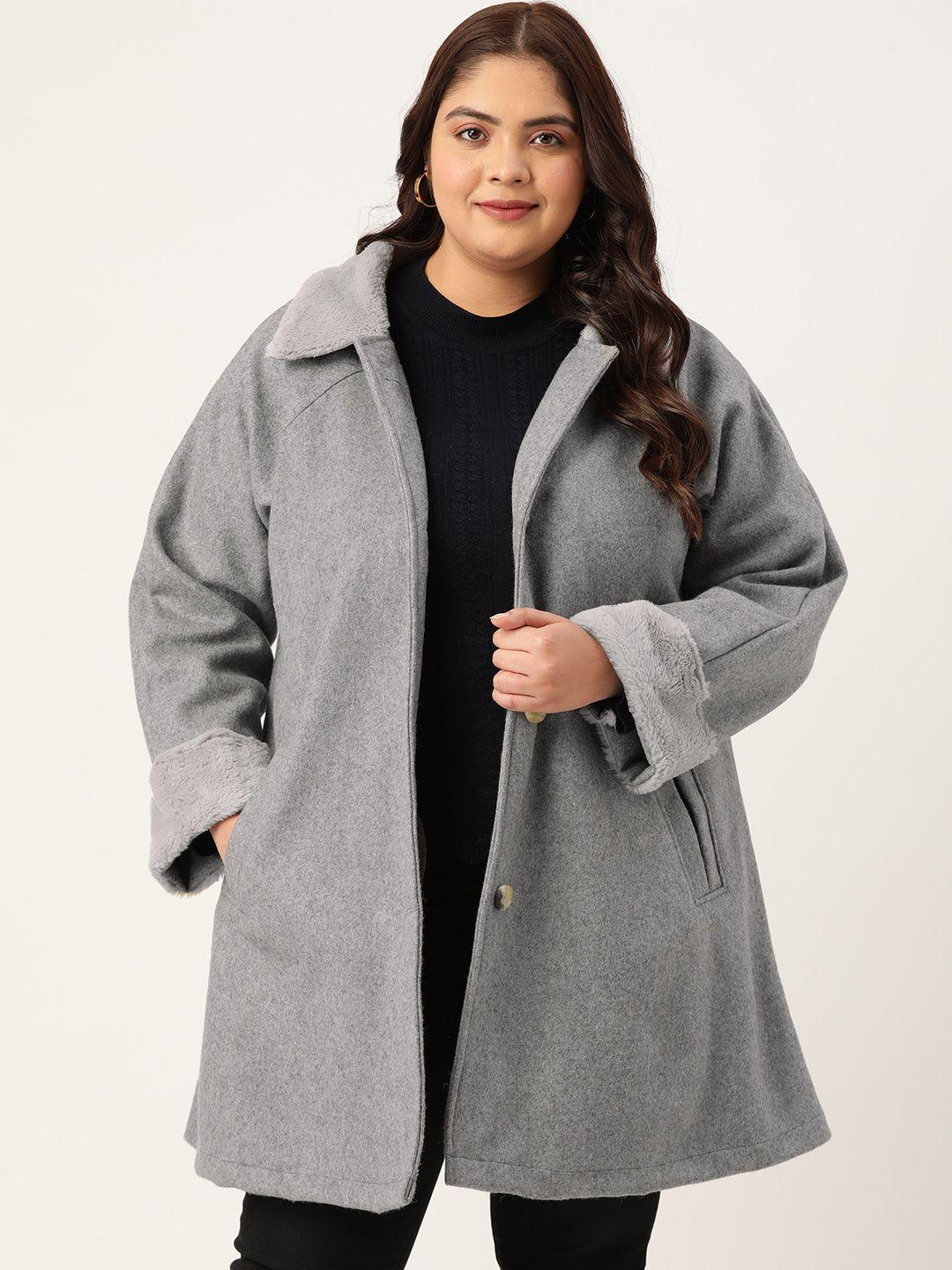 therebelinme women plus size spread collar longline overcoat with faux fur detail