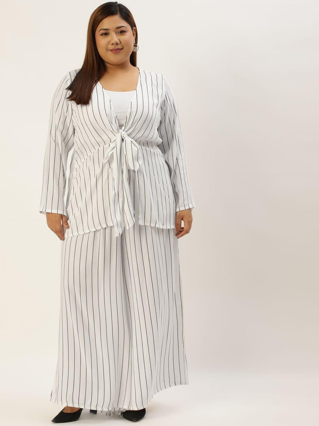 therebelinme women plus size white & black striped shrug & palazzos set