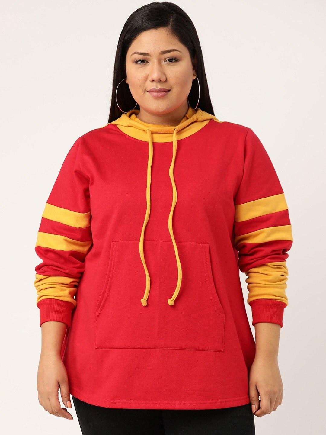 therebelinme women red & yellow colourblocked hooded sweatshirt