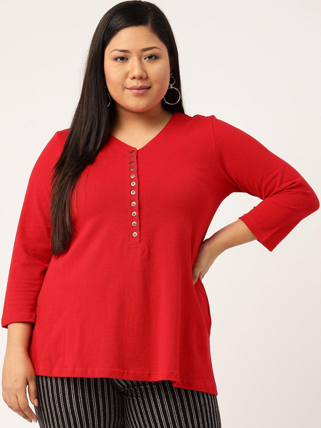 therebelinme women red plus size pure cotton v-neck t-shirt