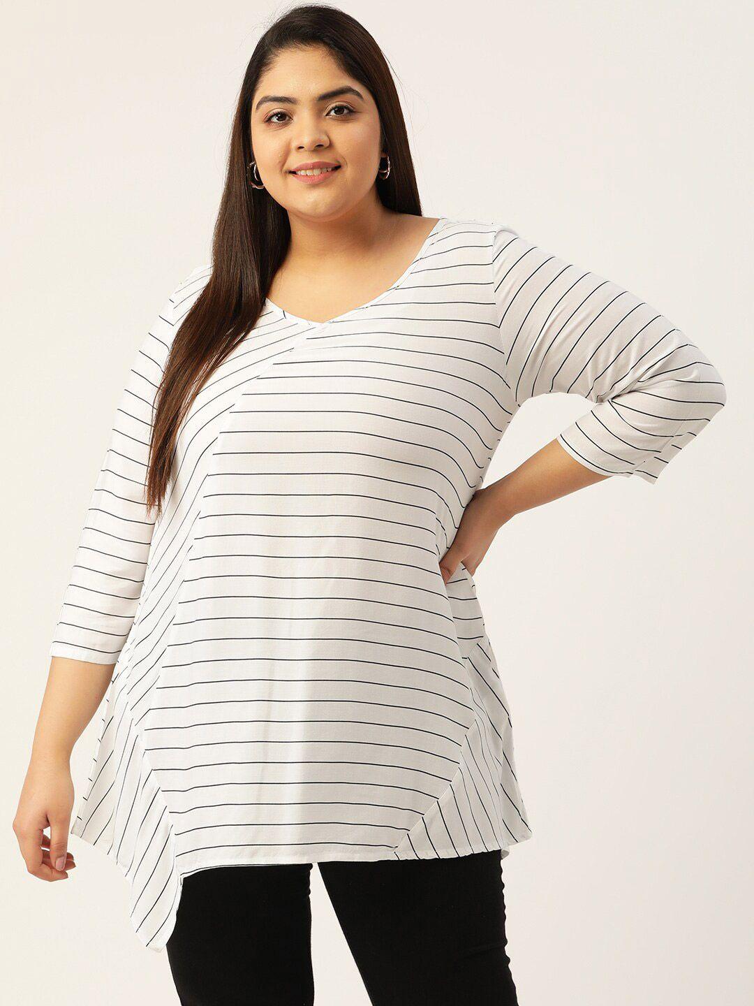 therebelinme women white plus size navy blue printed striped casual top