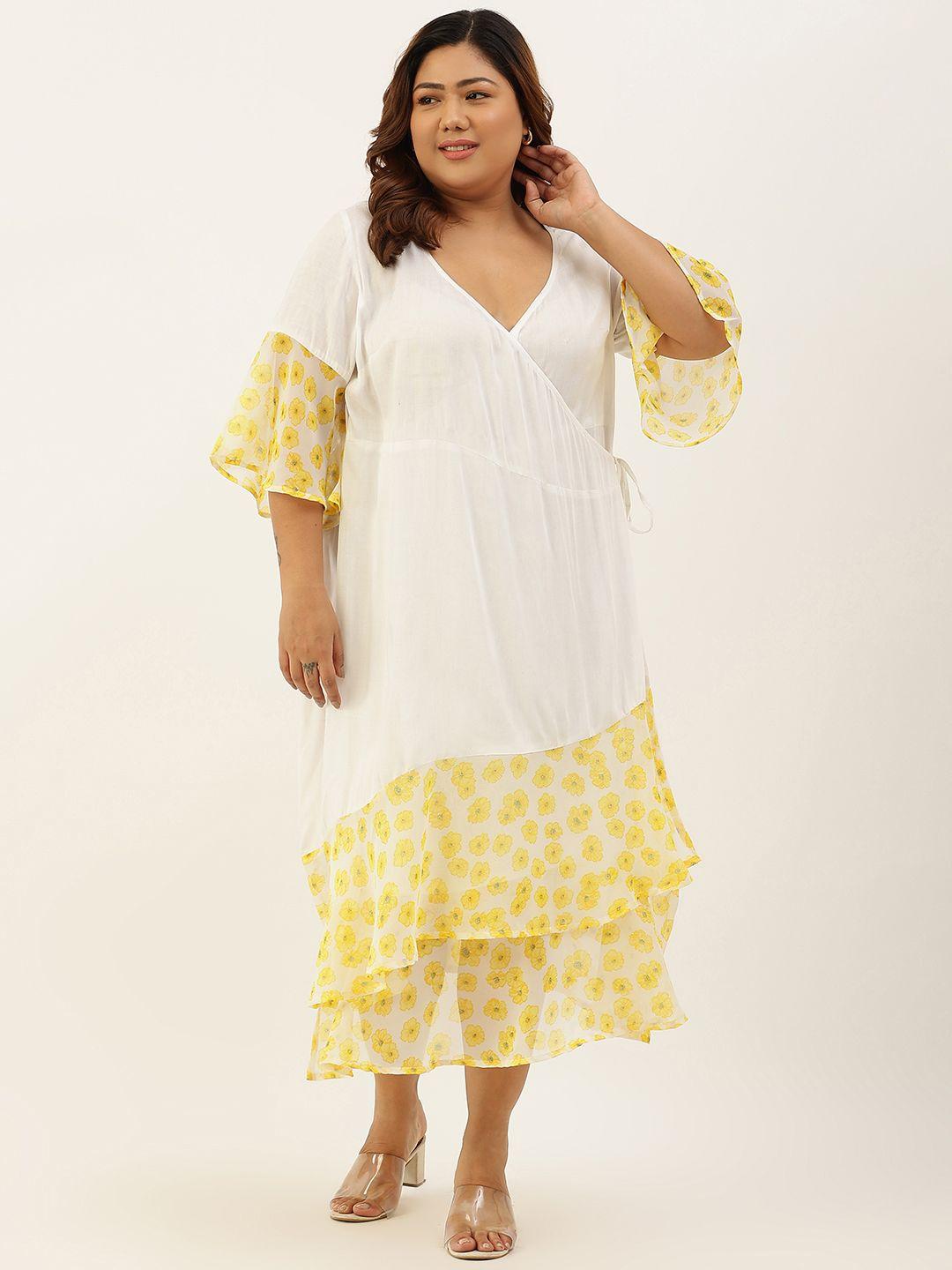 therebelinme yellow & off white floral a-line plus size georgette midi dress