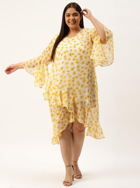 therebelinme yellow & off white floral print high-low dress